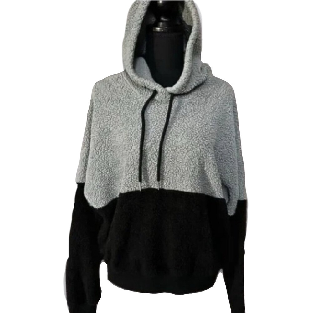 SHEIN Two-Tone Pullover Hoodie Soft Fleece Drop Shoulder Style Black/Gray W US L